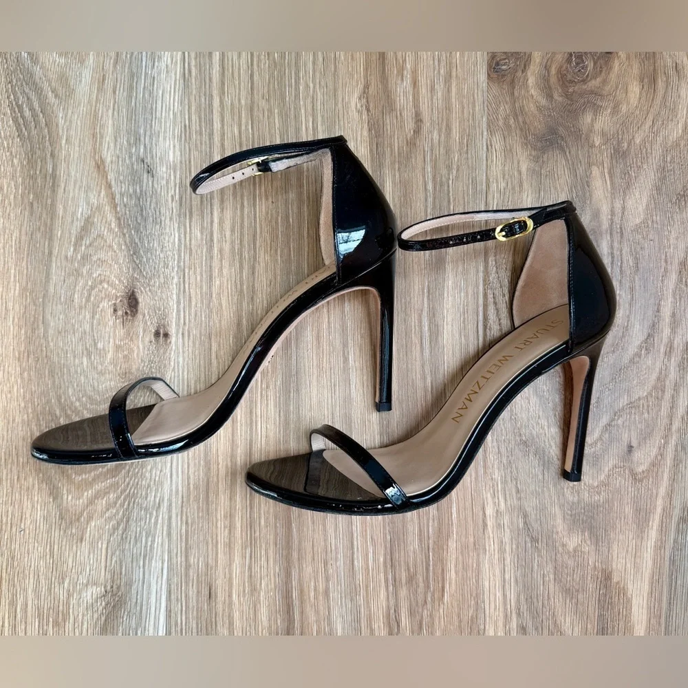 Stuart Weitzman Nudist Black Patent Leather Ankle Strap Sandals Size 9